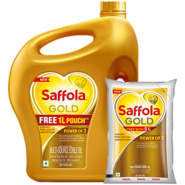 Saffola Gold Refined Blended Cooking Oil (Rice Bran + Corn) - Free 1 l Pouch