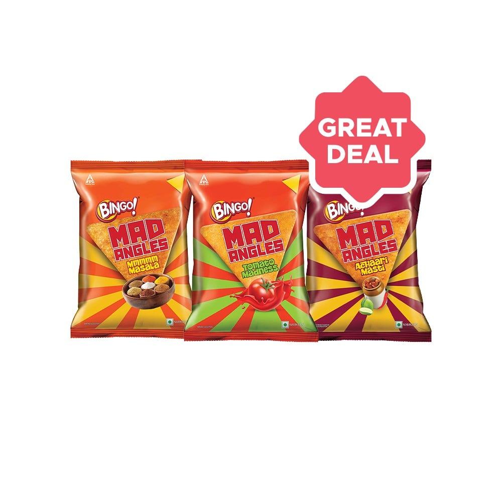 Bingo Mad Angles Achaari Masti Crisps + Bingo Mad Angles Tomato Madness Crisps + Bingo Mad Angles Masala Madness Crisps Combo