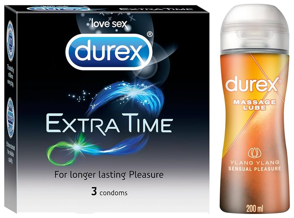 Durex Extra Time Long-Last Condom + Durex Sensual Lubricant (Ylang Ylang)-Lube & Massage Gel Combo