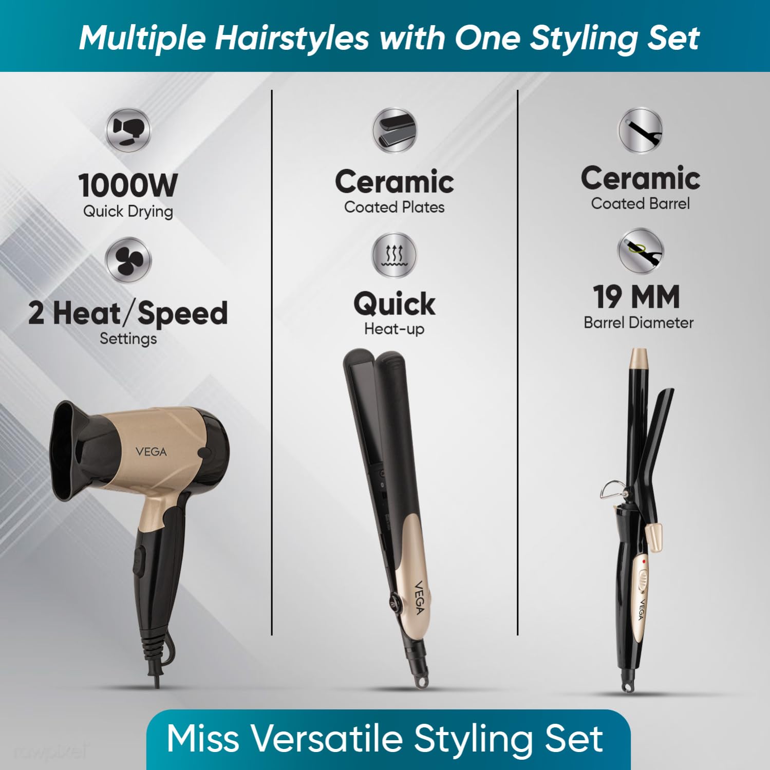Vega Miss Versatile 3 in 1 Hair Styling Kit Combo - Dryer + Straightener + Curler - (Black & Gold, 1000 W)