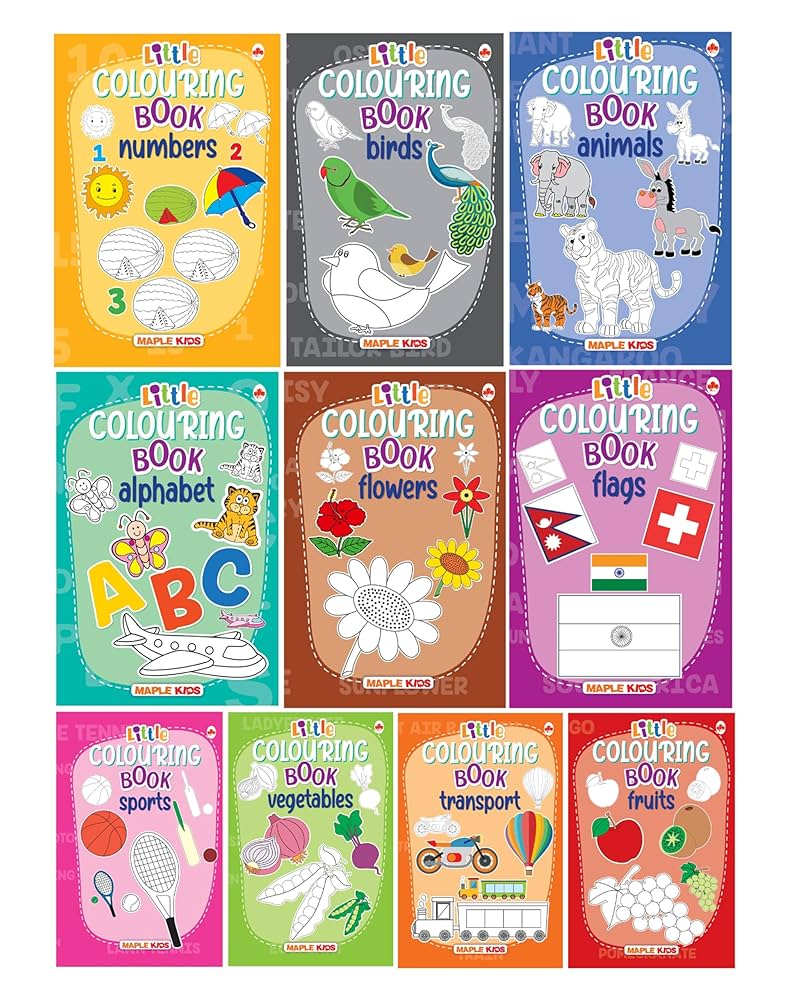 Little Colouring Books For Kids (Set Of 10 Books) - Gift To Children For Painting, Drawing And Colouring - Alphabets, Animals, Birds, Flags, Flowers, ... Transport, Vegetables - 3 To 6 Years Old