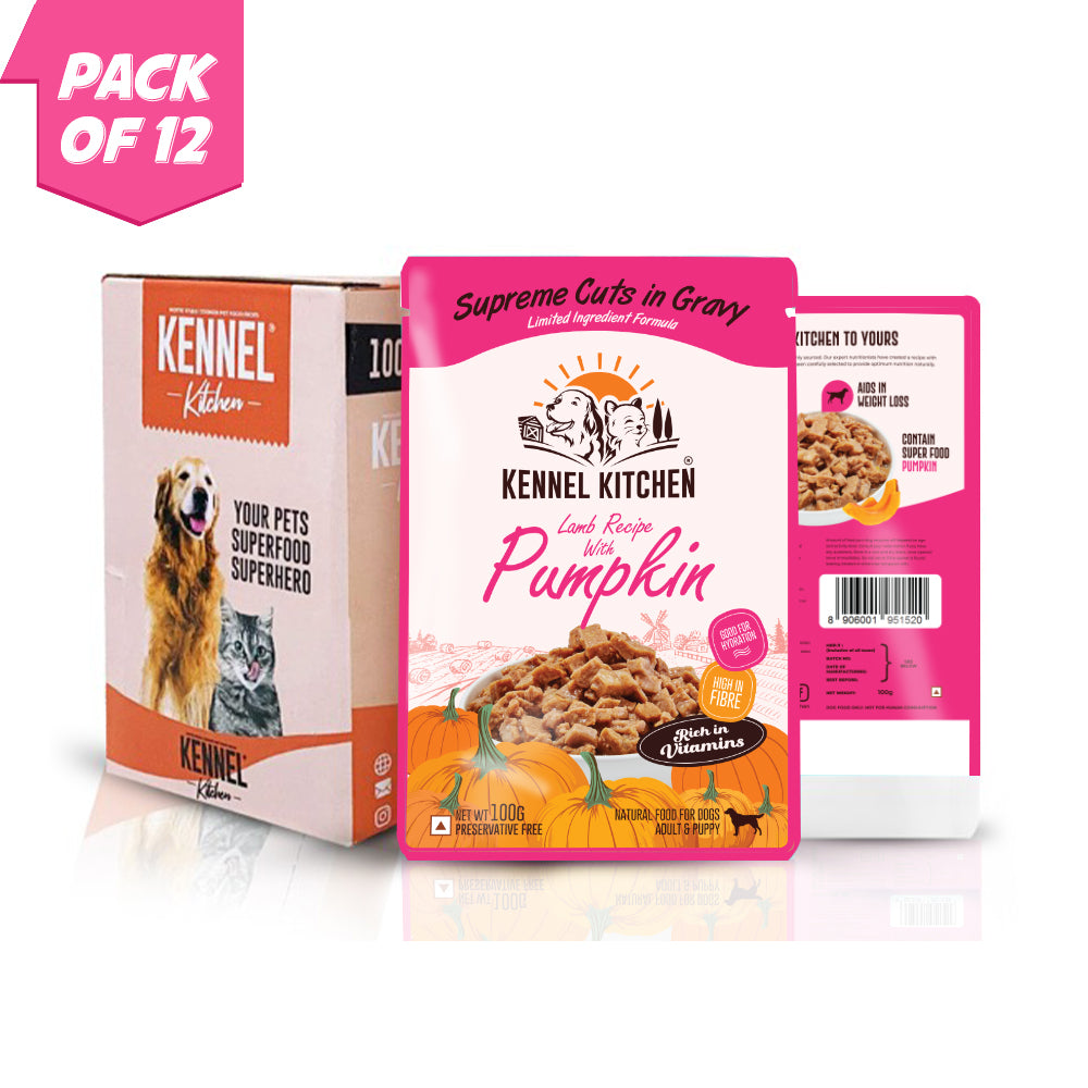 Kennel Kitchen Supreme cuts in Gravy, Lamb Recipe with Pumpkin Wet Dog Food Adult & Puppy - Pack of 12 - Brand Offer
