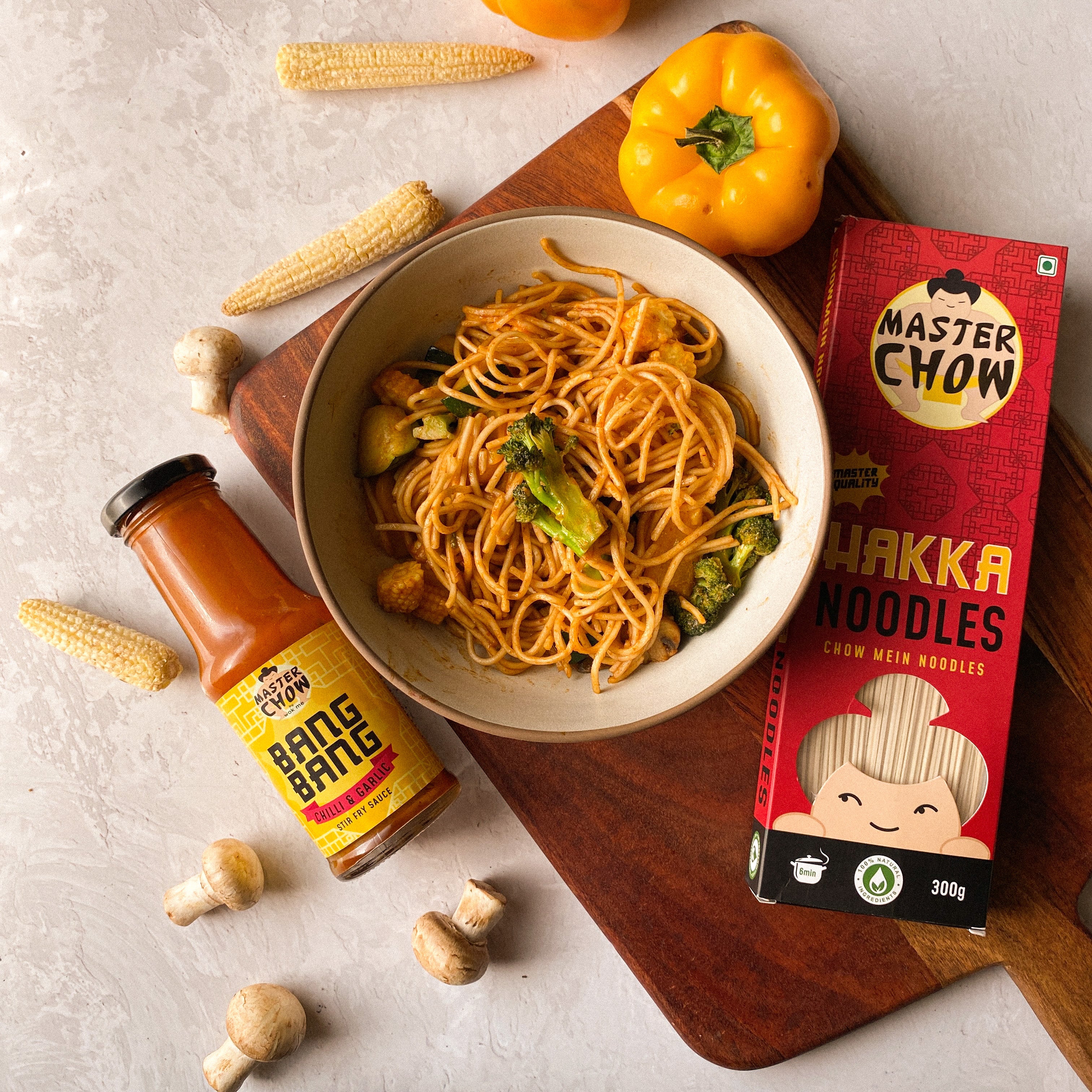 MasterChow Chinese Hakka Noodles + Bang Bang Chilli & Garlic Stir Fry Cooking Sauce (Ready to Cook) Combo