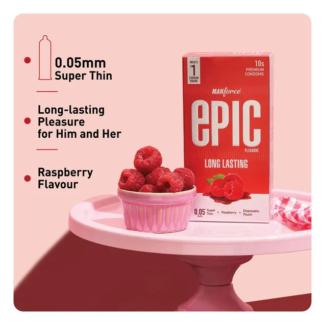 Manforce Epic Pleasure Long Lasting Super Thin Condom (Raspberry Flavour) + Manforce Epic Strawberry Flavoured Lubricant Combo