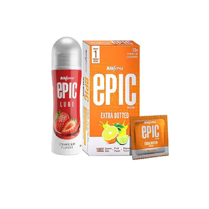 Manforce Epic Passion Extra Dotted Condom (Fruit Punch Flavour) + Manforce Epic Strawberry Flavoured Lubricant Combo
