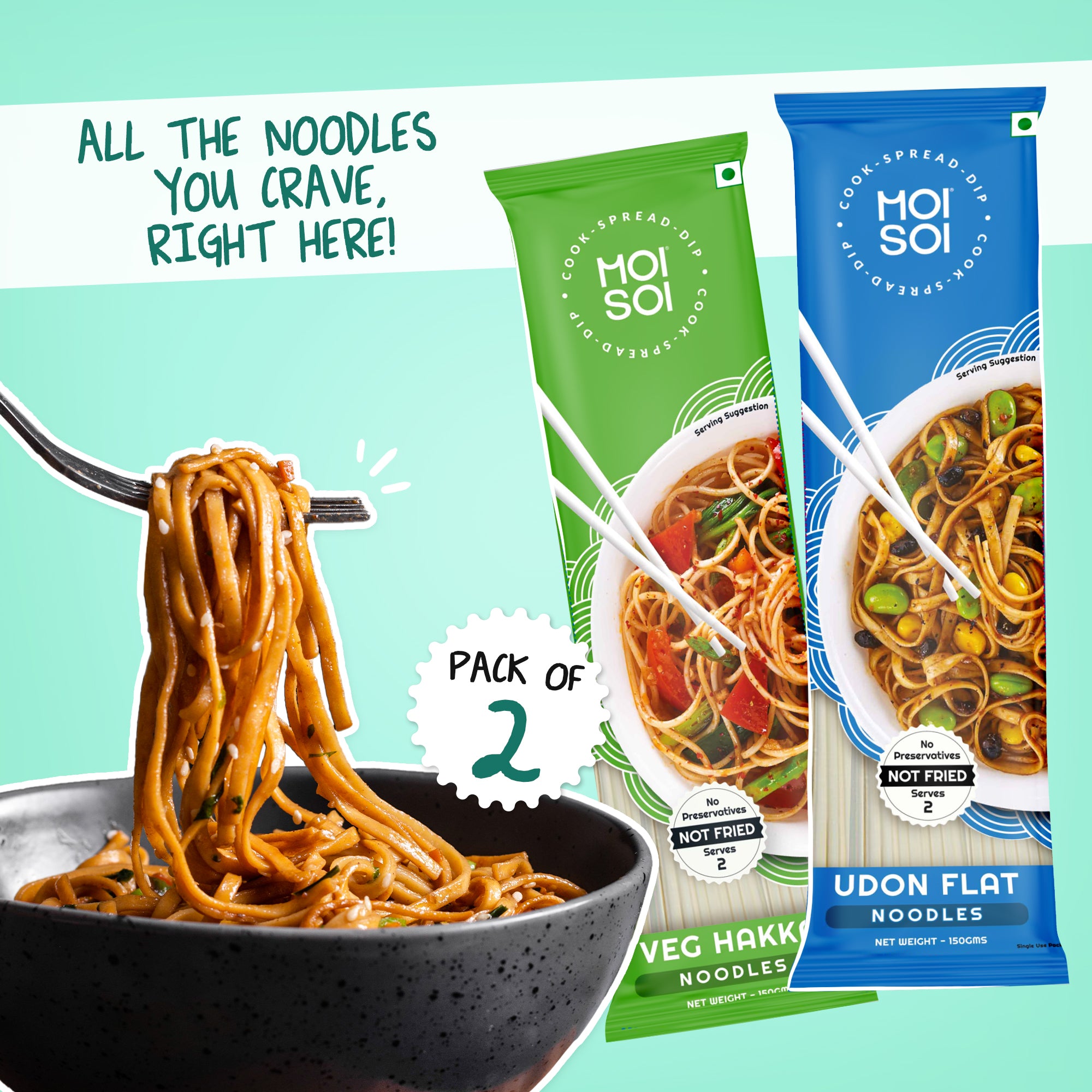 Moi Soi Soi Udon Flat Noodles + Soi Veg Long Hakka Noodles Combo
