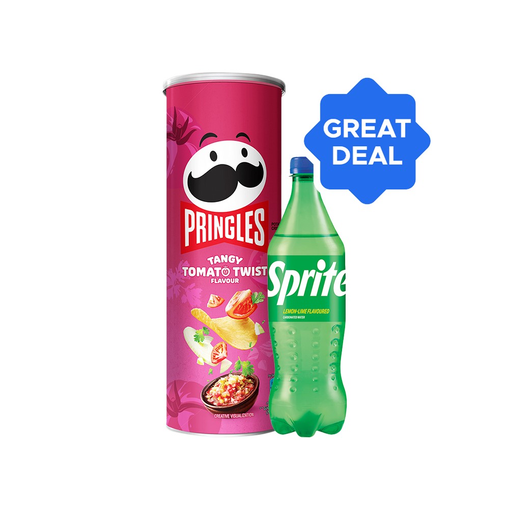 Pringles Tangy Tomato Twist Potato Chips + Sprite Lime Flavored Soft Drink 750 ml Combo